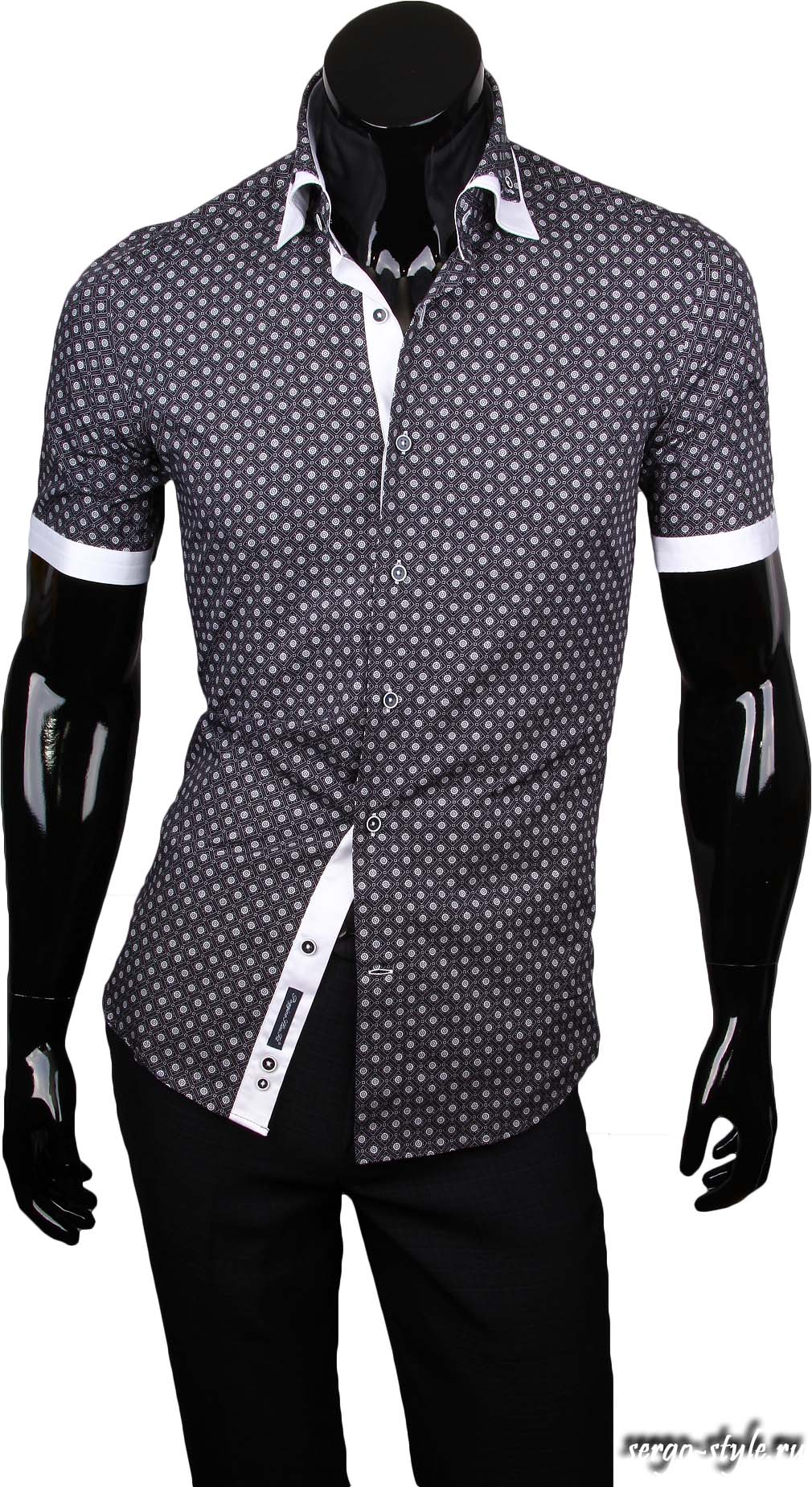 Черная приталенная мужская рубашка с коротким рукавом в горошек