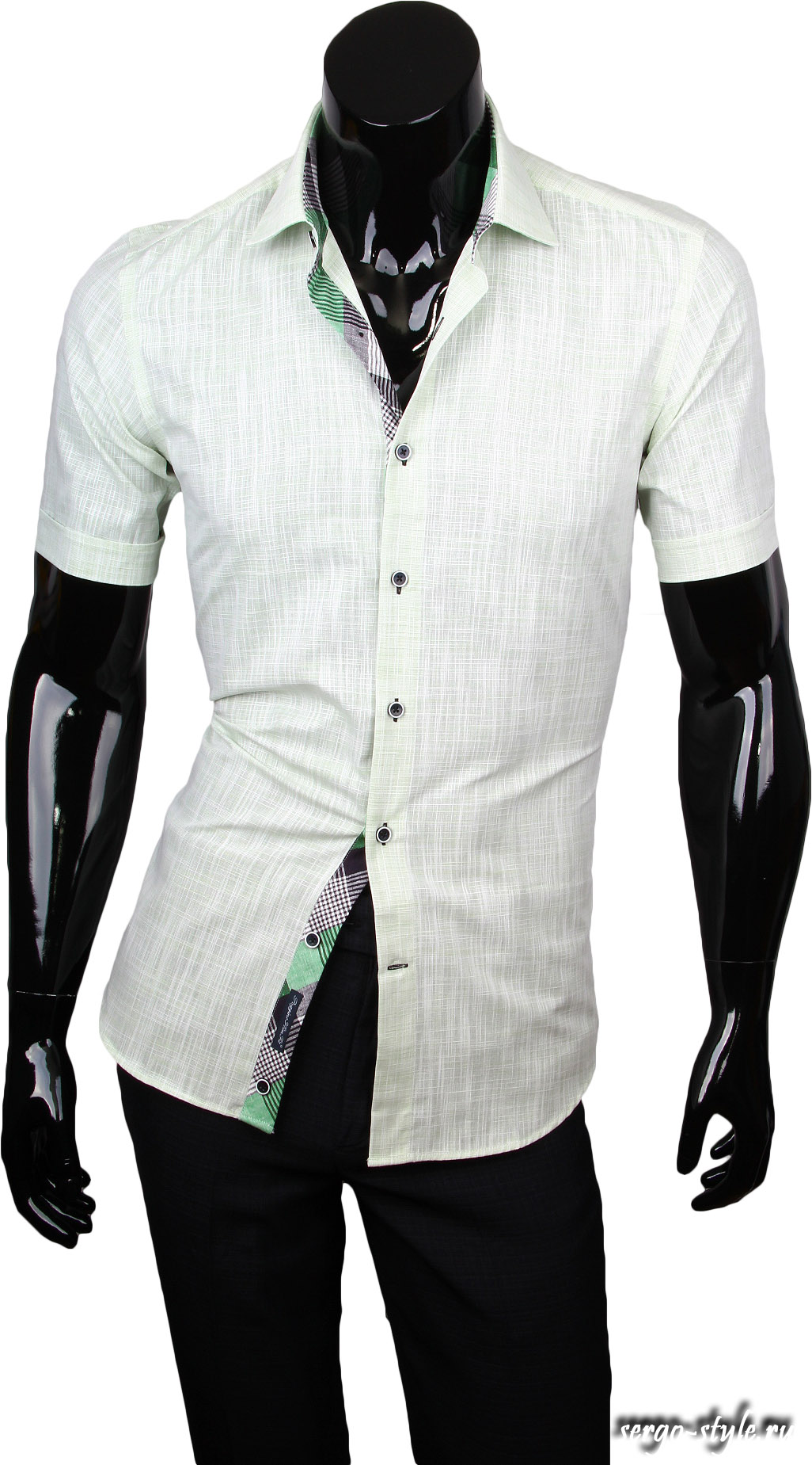 Фисташковая приталенная мужская рубашка с коротким рукавом