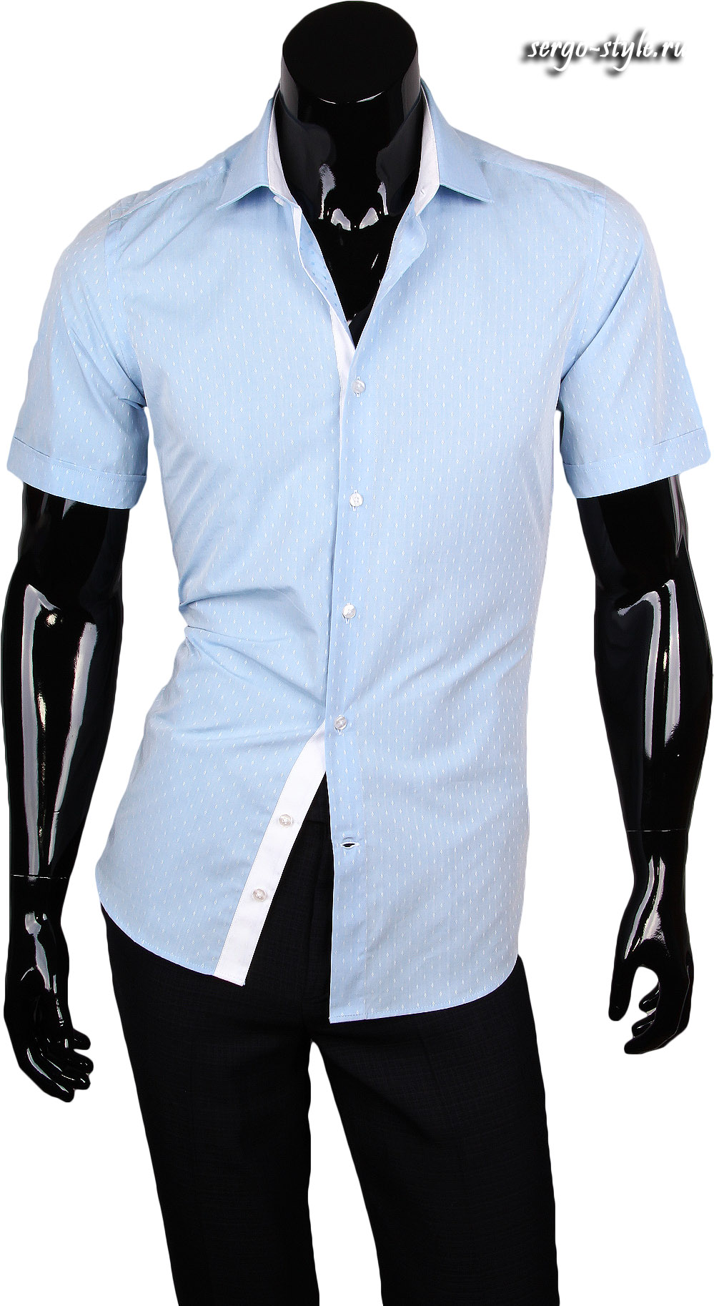 Голубая приталенная мужская рубашка с коротким рукавом