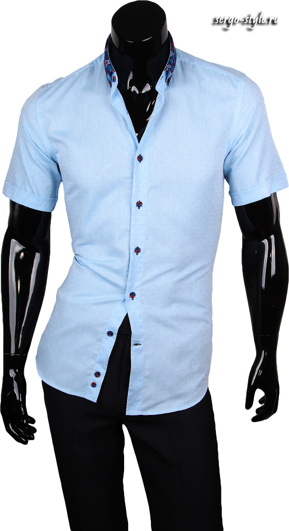 Стильная голубая приталенная мужская рубашка с коротким рукавом