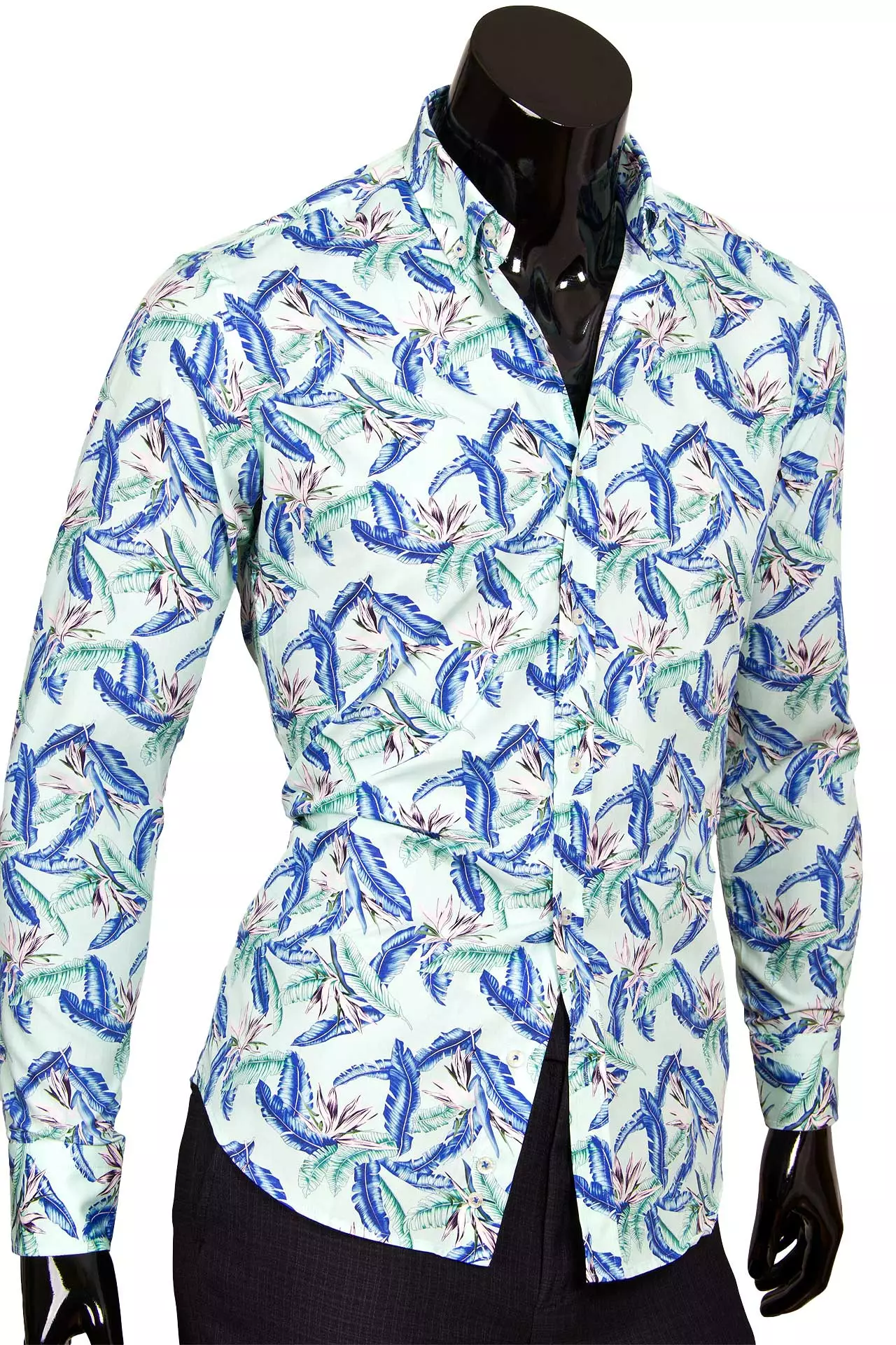 Модная мятная приталенная мужская рубашка в листьях