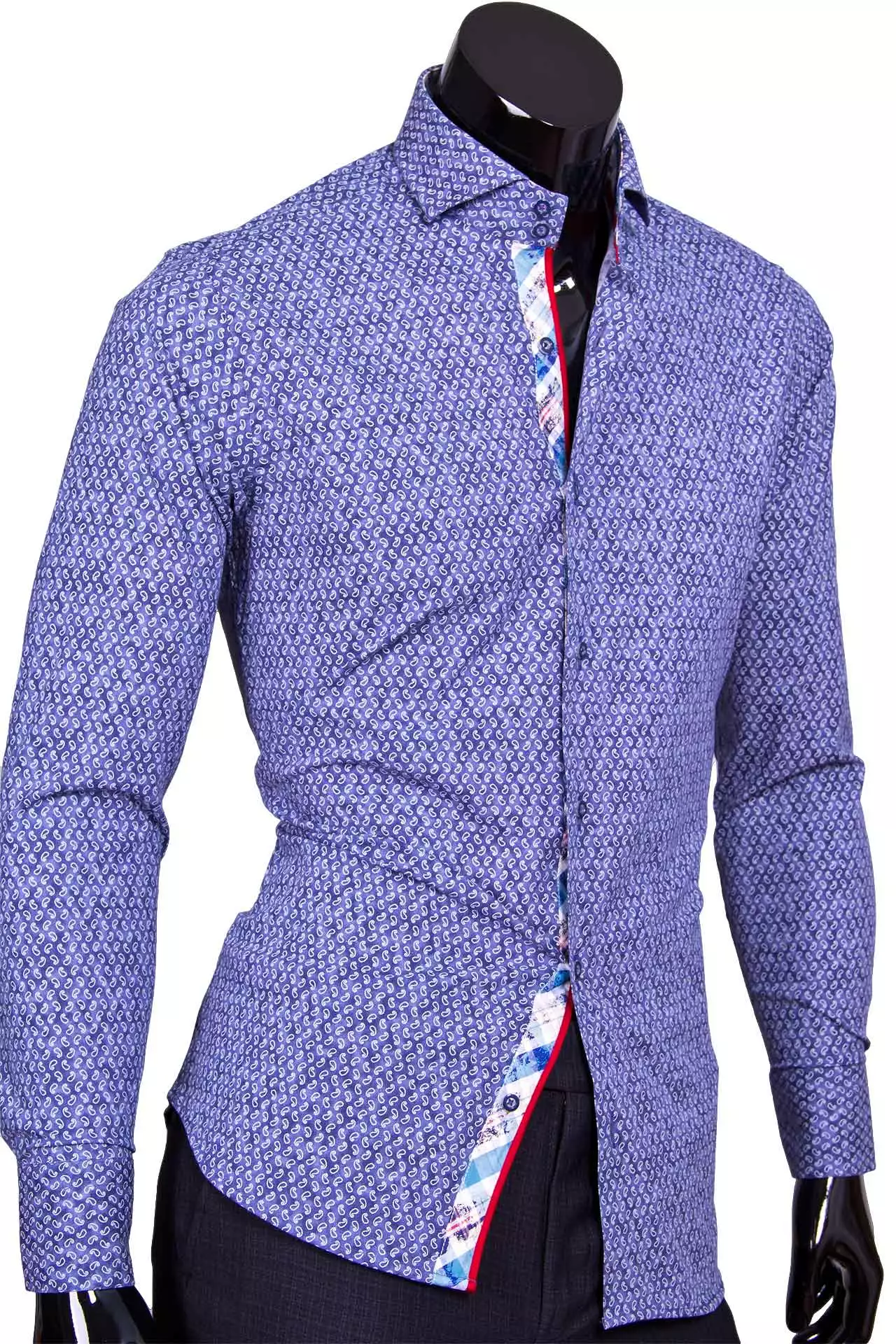 Рубашка приталенная синего цвета в огурцах с французким воротником