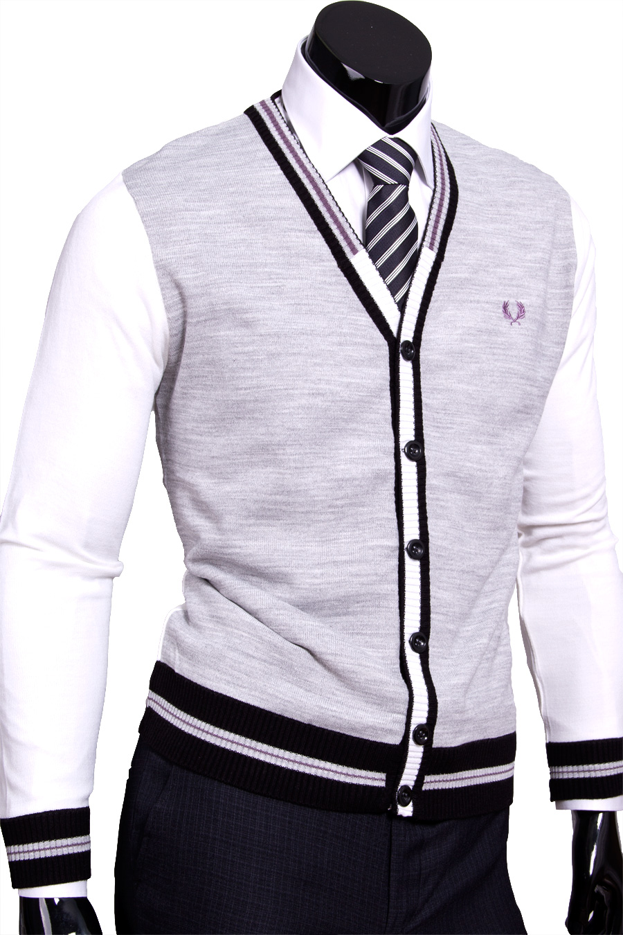 Кардиган приталенный серого цвета с белыми рукавами