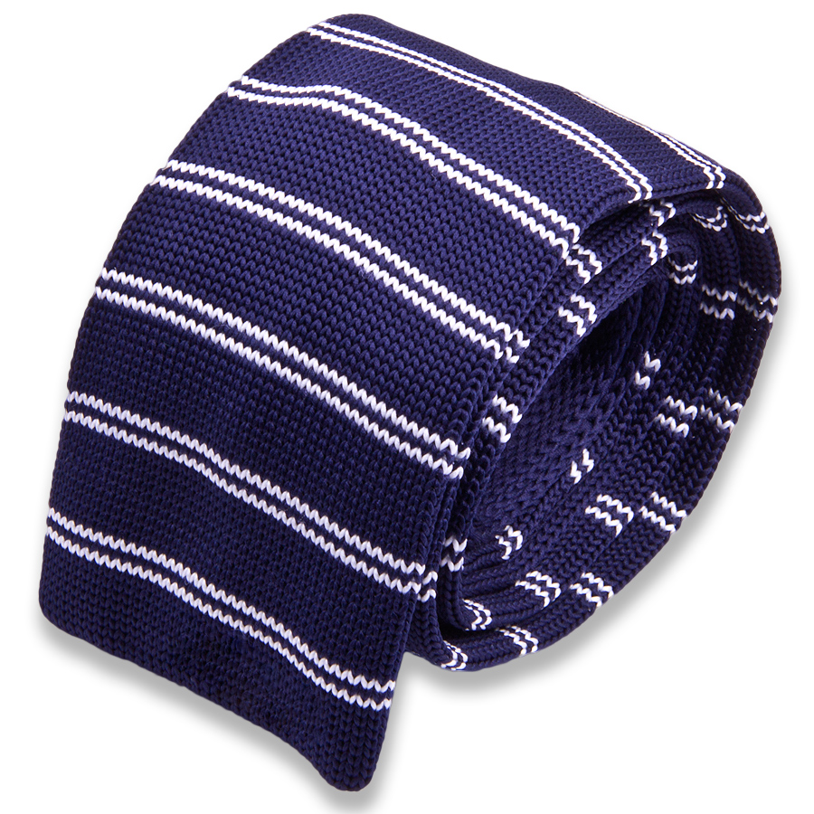 Темно синий вязаный мужской галстук в белую полоску