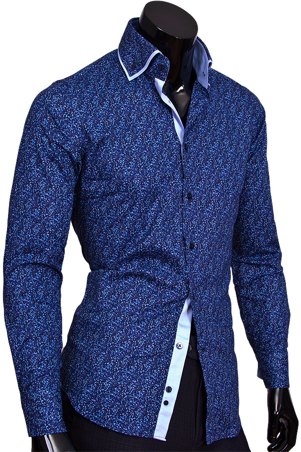 Синяя приталенная рубашка с двойным воротником