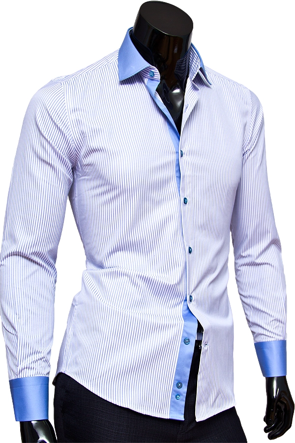 Белая мужская рубашка в полоску с голубыми комбинированными манжетами и воротником