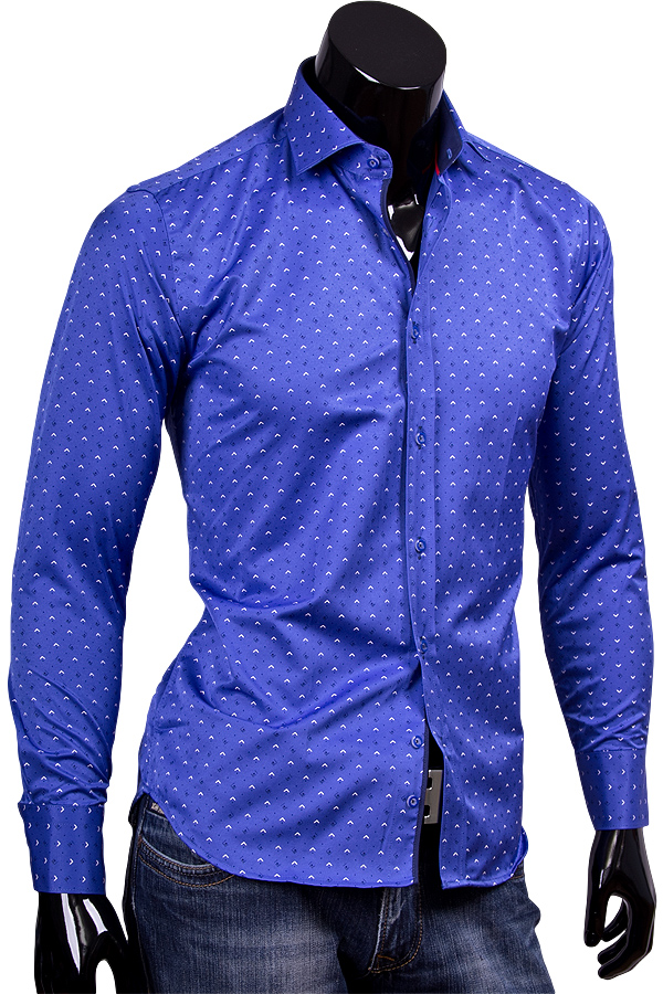 Синяя приталенная рубашка с длинным рукавом фото
