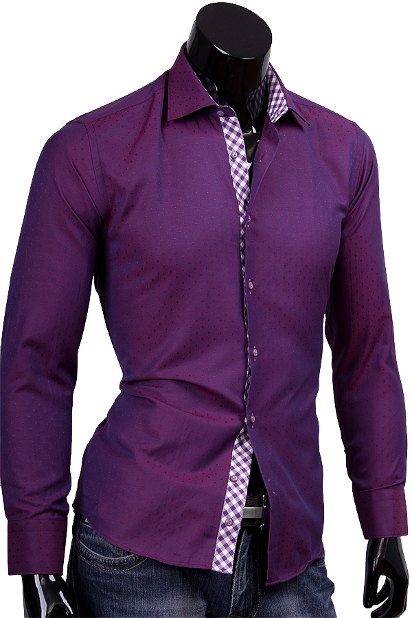 Фиолетовая приталенная рубашка в горошек фото