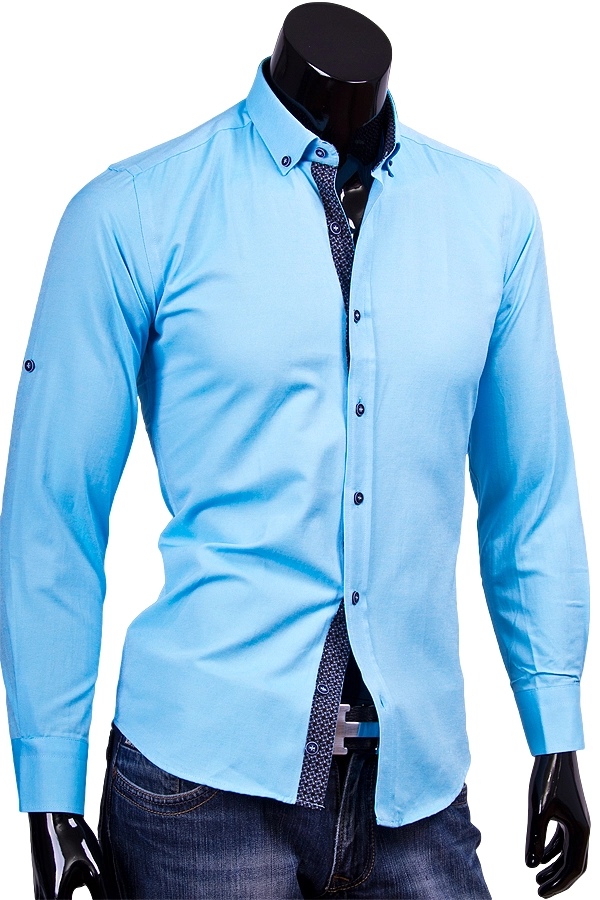 Бирюзовая приталенная рубашка с воротником баттен-даун фото