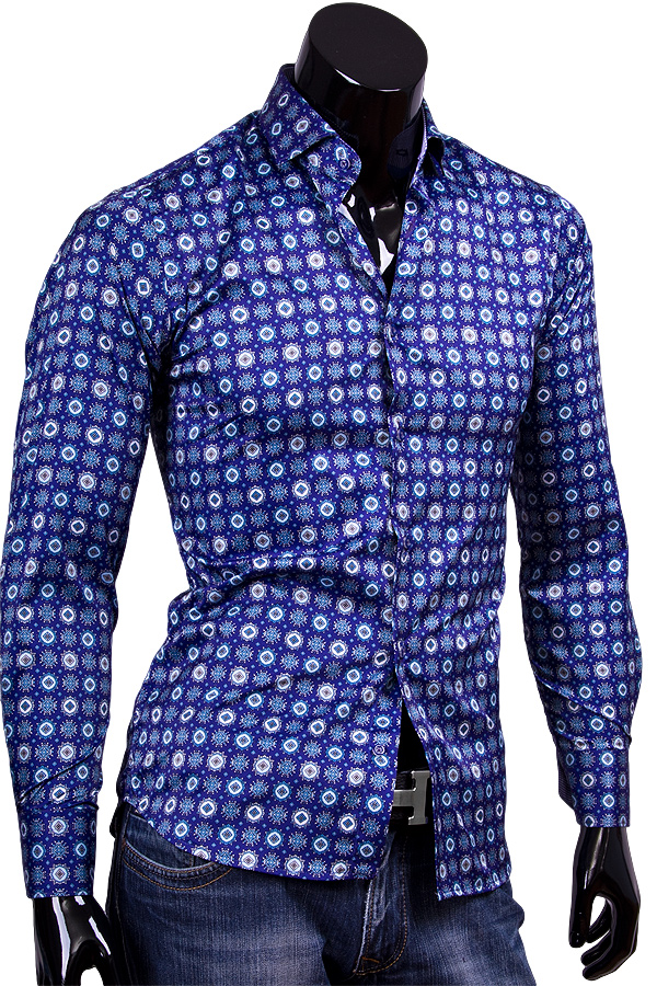 Синяя приталенная сорочка с узором (стрейч) фото