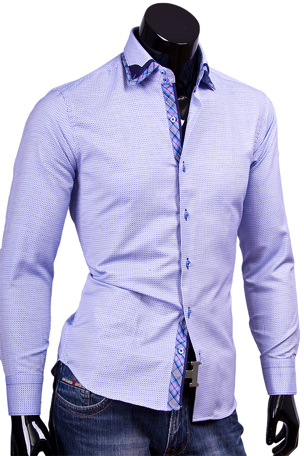 Голубая приталенная рубашка с двойным воротником фото