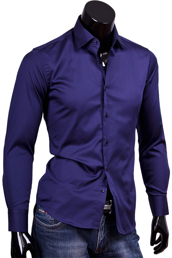 Темно синяя приталенная сорочка с длинным рукавом купить
