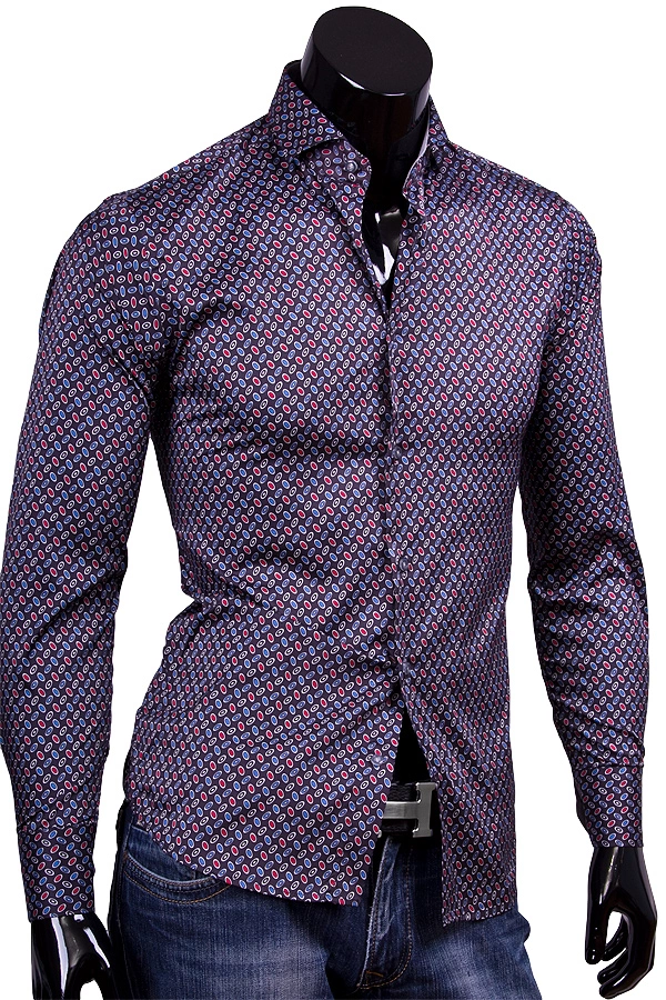 Черная приталенная рубашка в разноцветных овалах (стрейч) фото