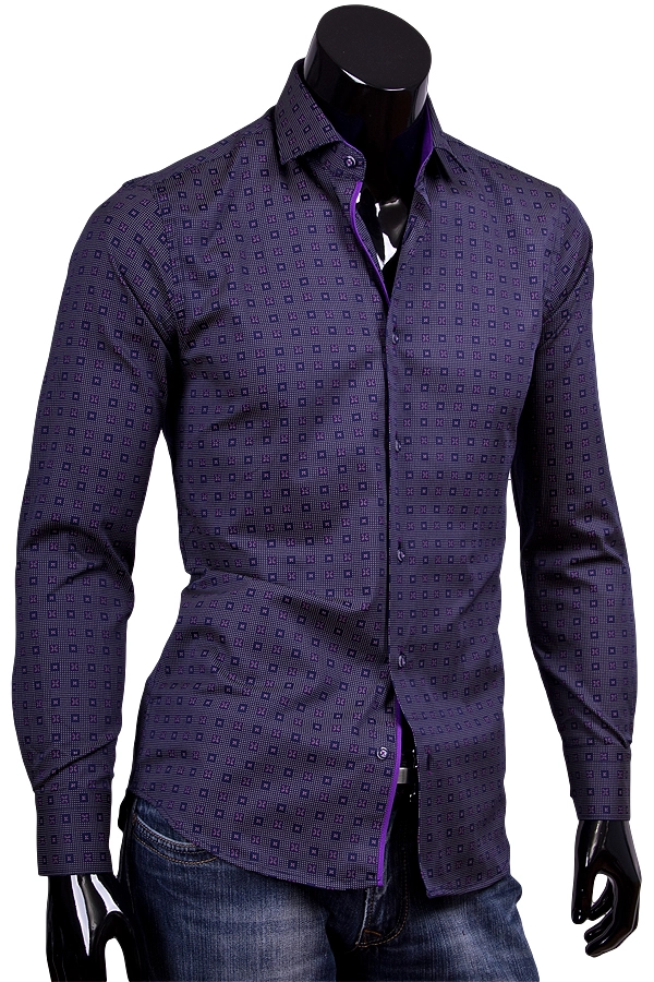 Темно синяя приталенная рубашка с фиолетовой отделкой фото