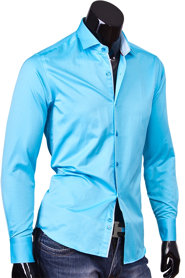 Мужская приталенная рубашка с длинным рукавом бирюзового цвета фото