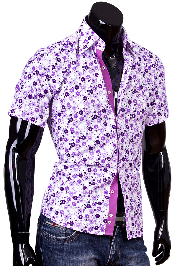 Приталенная рубашка с коротким рукавом в цветочек фото