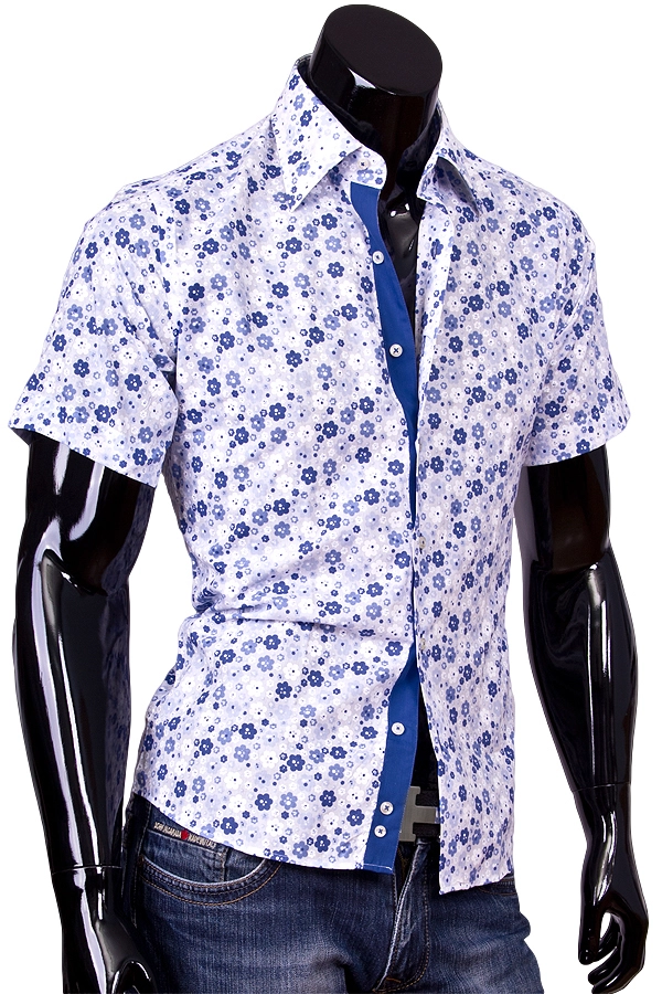 Приталенная рубашка с коротким рукавом в синий цветочек фото