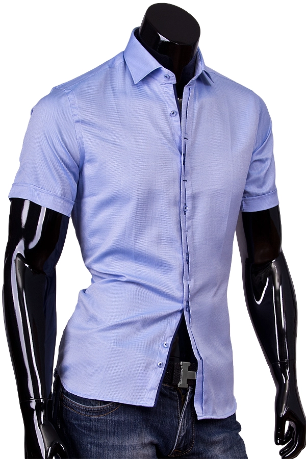 Приталенная рубашка с коротким рукавом голубого цвета фото