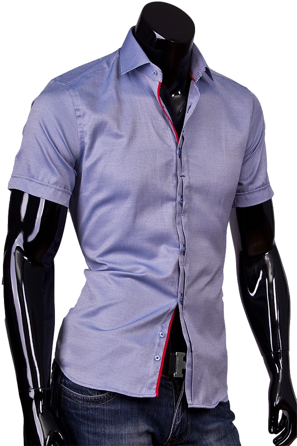 Серо голубая приталенная рубашка с коротким рукавом фото