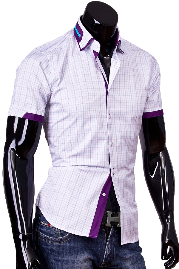Приталенная рубашка с коротким рукавом и комбинированным воротником фото