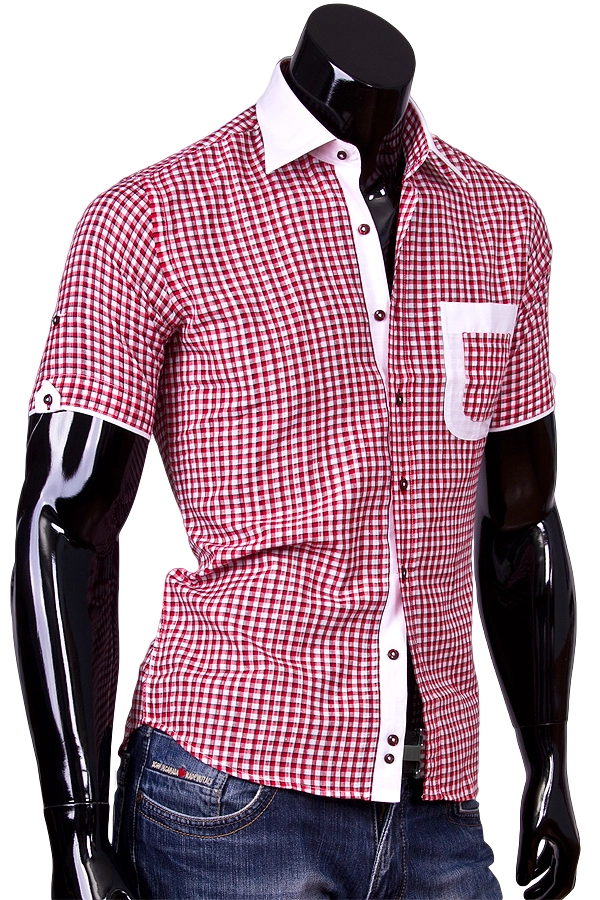 Приталенная мужская рубашка с коротким рукавом из льна фото