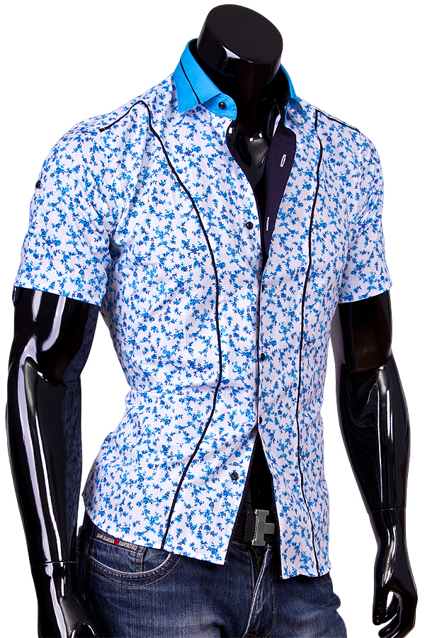 Приталенная рубашка с коротким рукавом в бирюзовый цветочек купить недорого