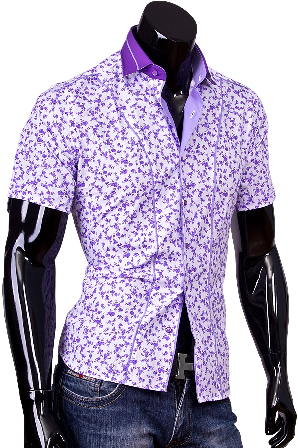 Приталенная рубашка с коротким рукавом в сиреневый цветочек фото