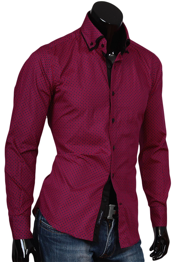 Бордовая приталенная мужская рубашка с двойным воротником фото