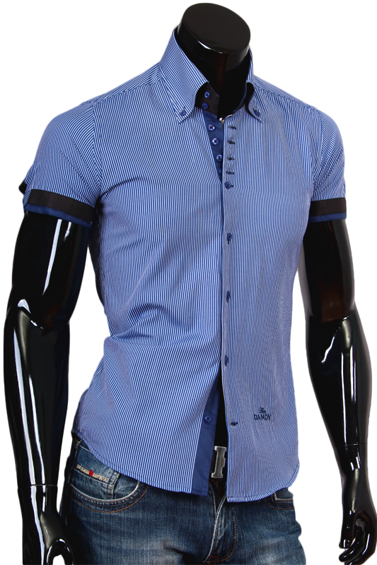 Синяя мужская рубашка с коротким рукавом в тонкую полоску фото