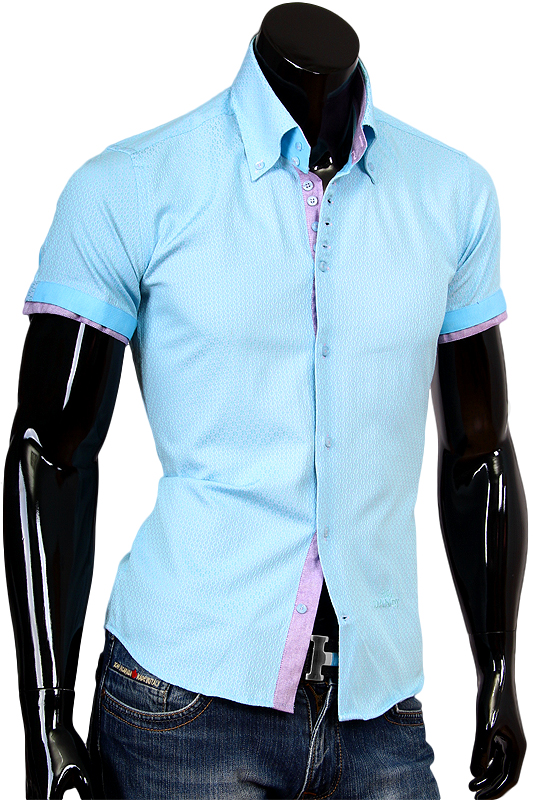 Голубая мужская рубашка с коротким рукавом и высоким воротником фото