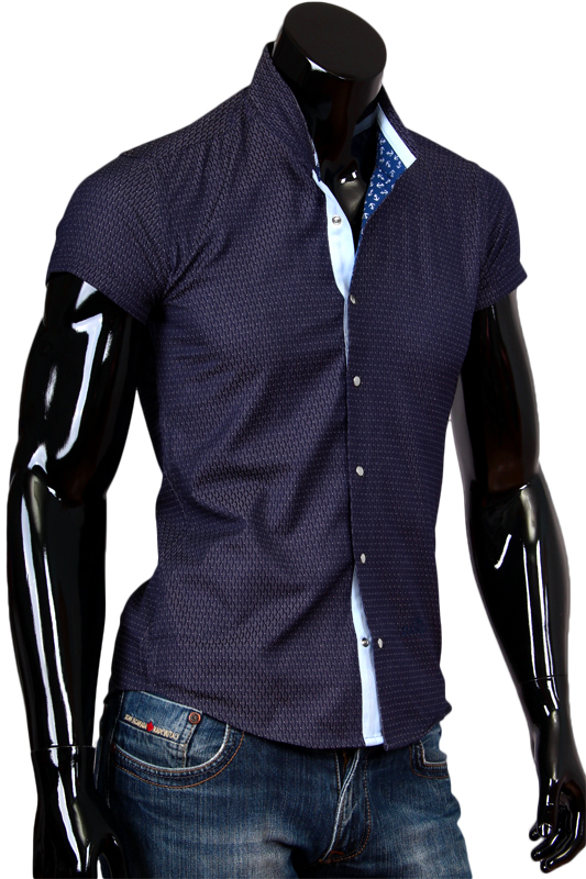 Темно синяя рубашка с воротником стойка и коротким рукавом фото