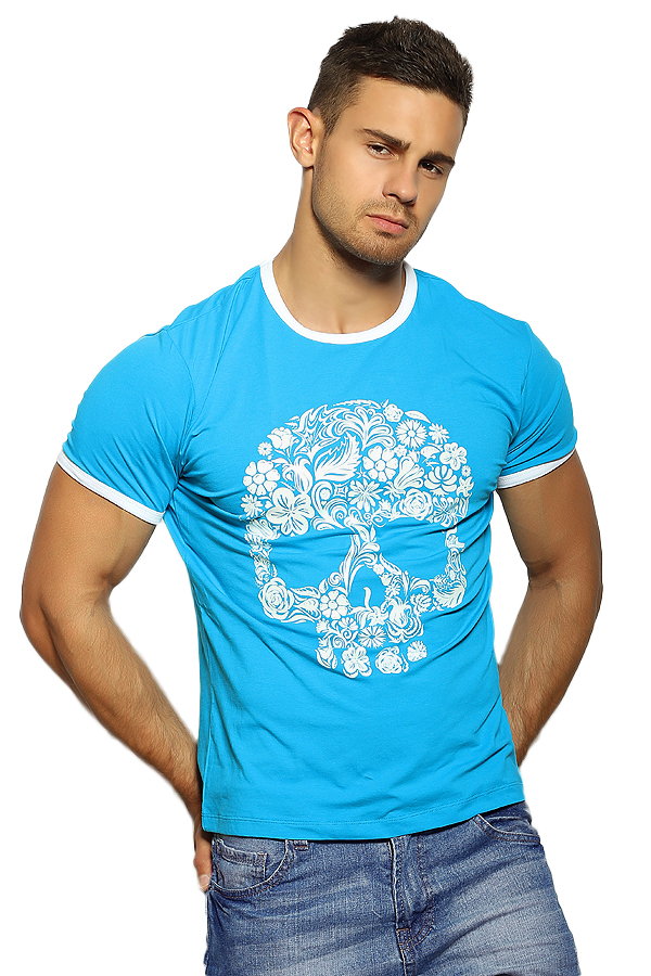 Яркая мужская футболка бирюзового цвета (Мексиканский череп)