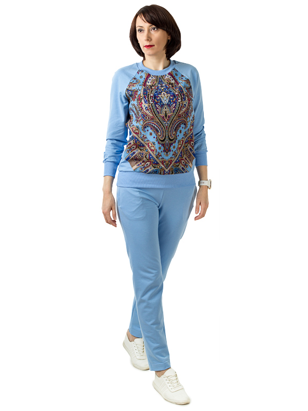 Женский костюм Monsophie прямой цвет голубой павлопосадский платок купить в Москве недорого