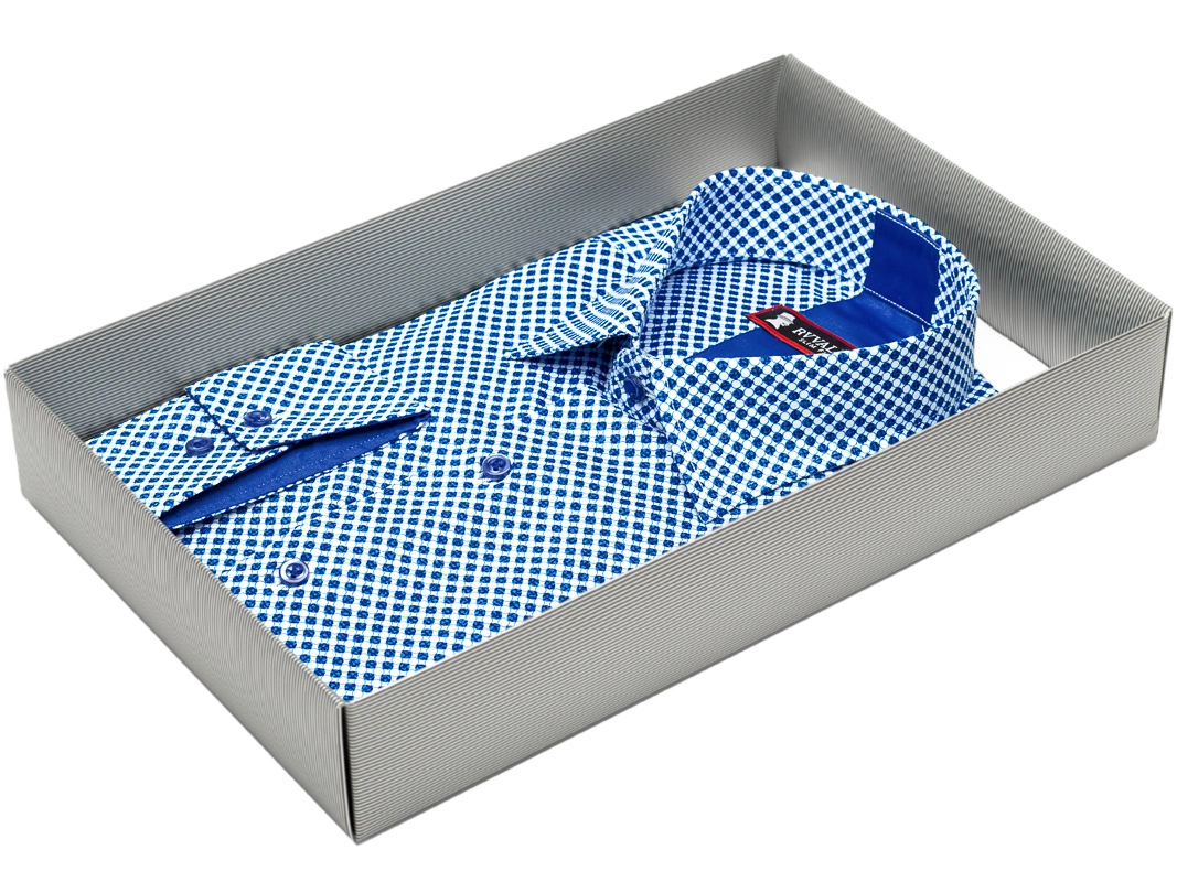Мужская рубашка Rvvaldi приталенная цвет синий в горошек купить в Москве недорого
