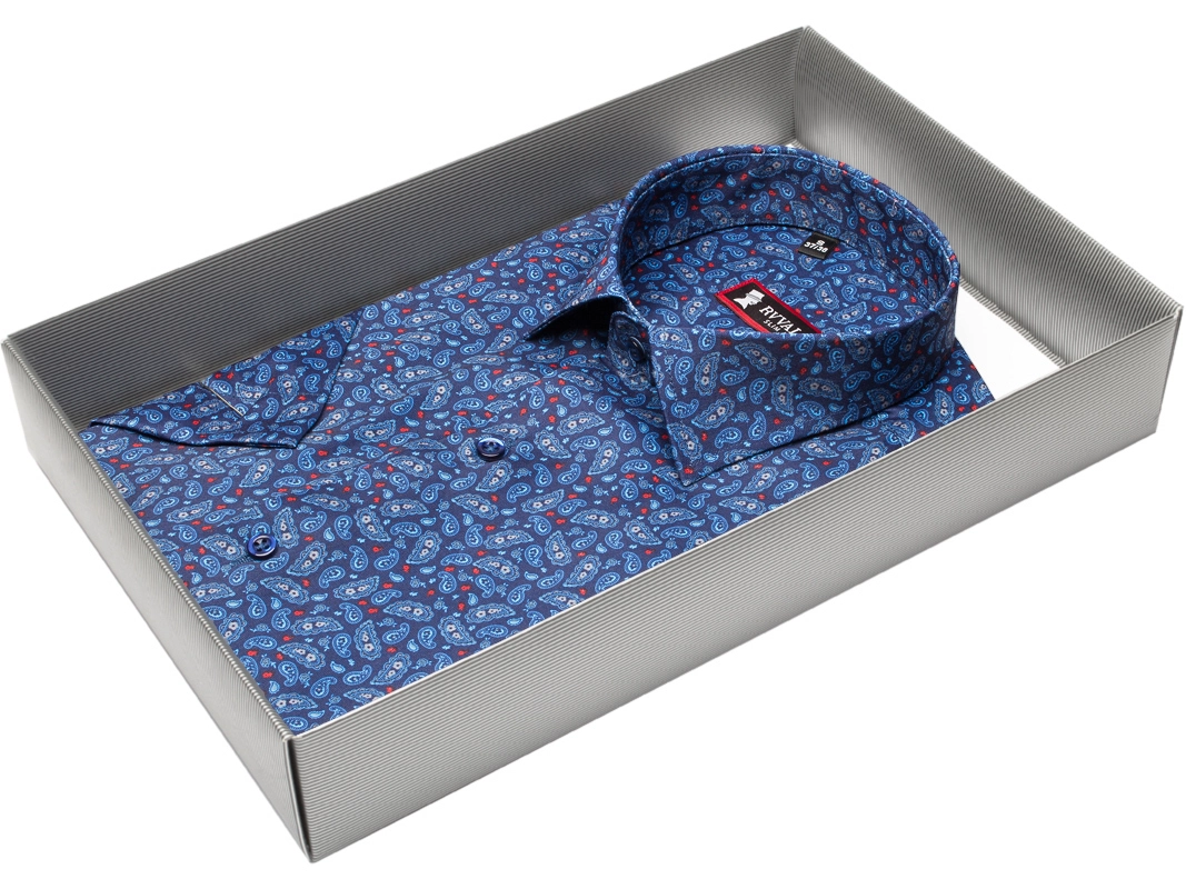 Мужская рубашка Rvvaldi приталенная цвет синий в восточных огурцах купить в Москве недорого