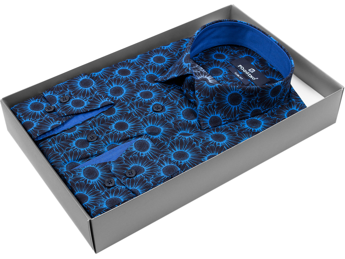 Темно-синяя приталенная мужская рубашка Poggino 5007-53 в цветах купить в Москве недорого