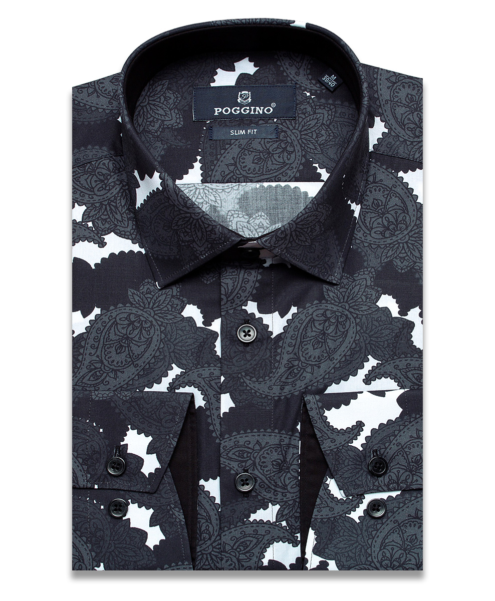 Темно-серая приталенная мужская рубашка Poggino 5007-29 в огурцах