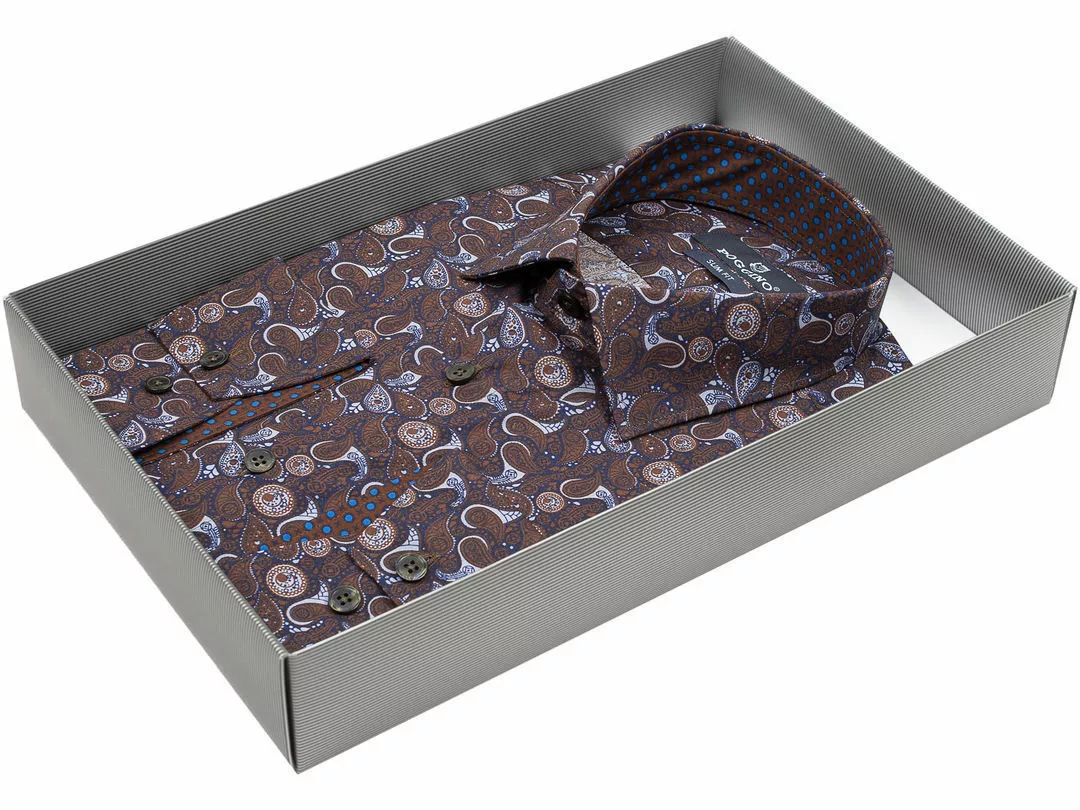 Коричневая приталенная мужская рубашка Poggino 5007-42 в огурцах