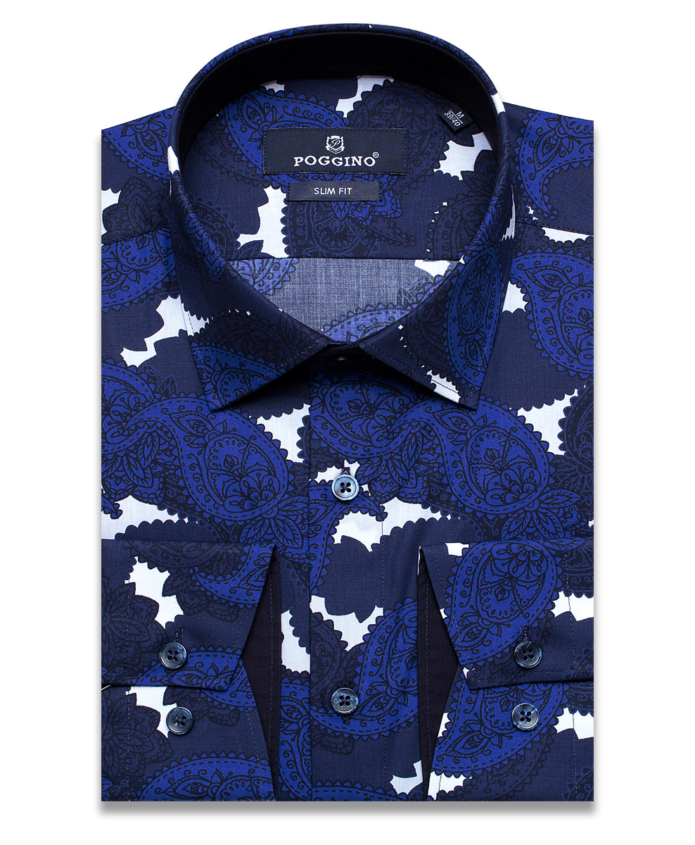 Темно-синяя приталенная мужская рубашка Poggino 5007-28 в огурцах с длинными рукавами