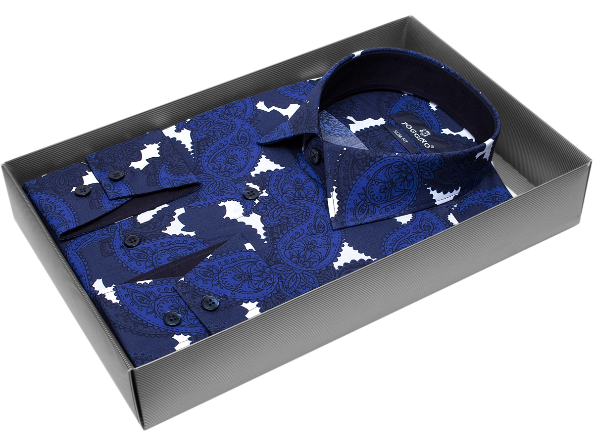 Темно-синяя приталенная мужская рубашка Poggino 5007-28 в огурцах с длинными рукавами купить в Москве недорого