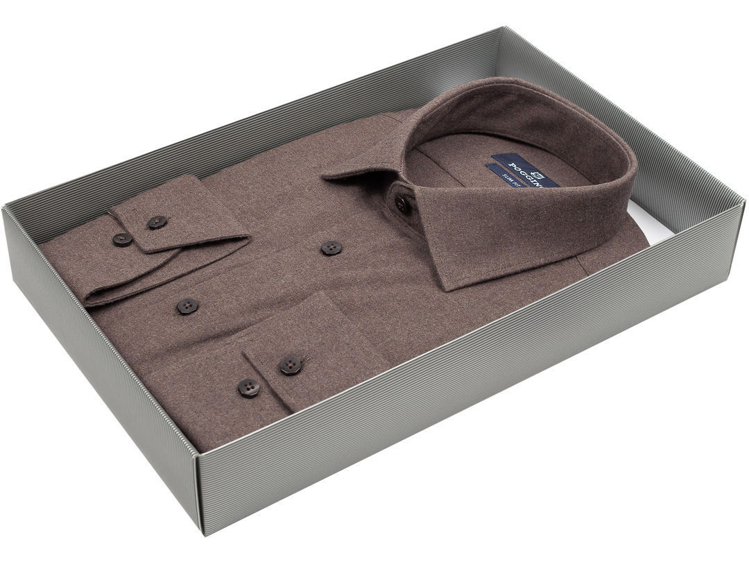 Теплая мужская рубашка Poggino 5007-08 рукав длинный силуэт приталенная стиль классический цвет коричневый однотонный 100% хлопок