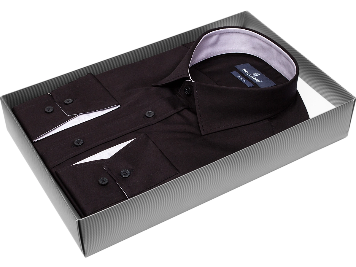 Черная приталенная мужская рубашка Poggino 3001-23 с длинными рукавами купить в Москве недорого
