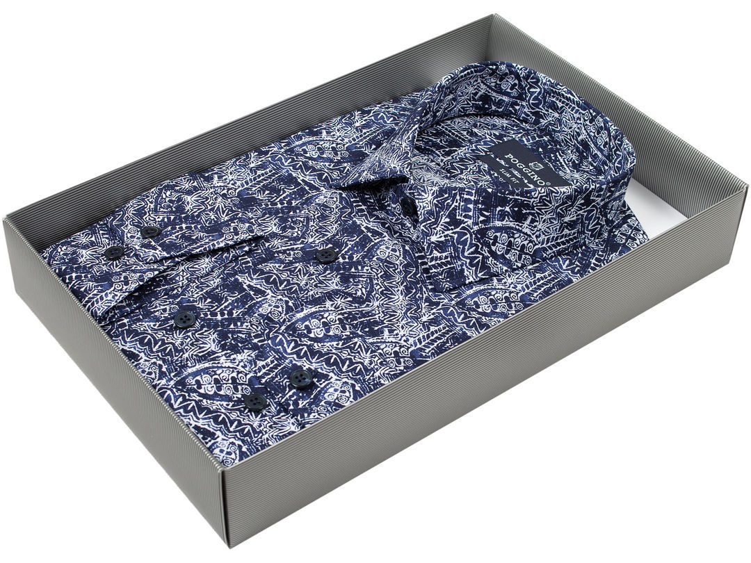 Темно-синяя приталенная мужская рубашка Poggino 8136-101 в абстракции купить в Москве недорого