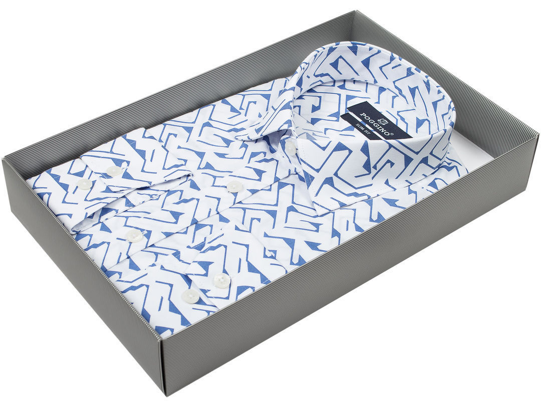 Голубая приталенная мужская рубашка Poggino 6002-03 в узорах купить в Москве недорого