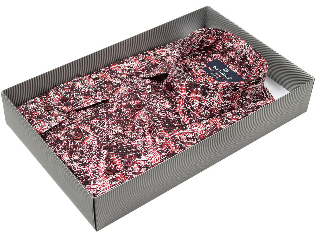Бордовая приталенная мужская рубашка Poggino 8257-205 в абстракции купить в Москве недорого