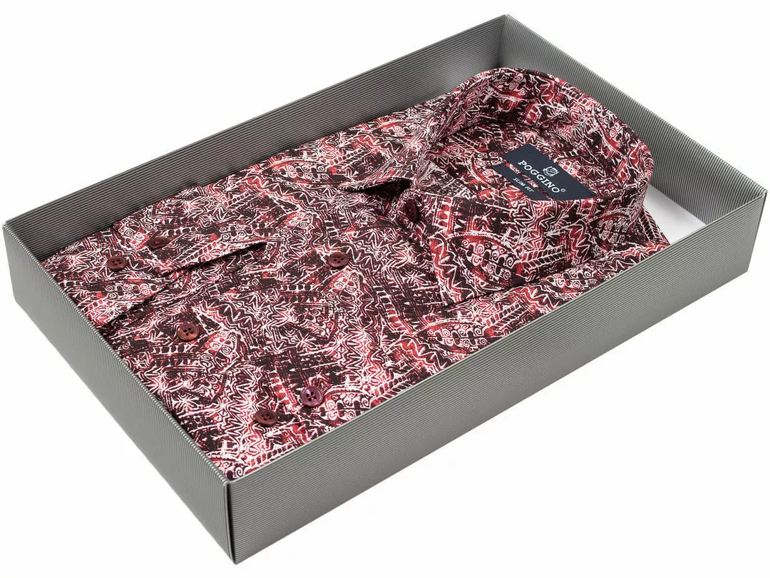 Бордовая приталенная мужская рубашка Poggino 8257-205 в абстракции купить в Москве недорого