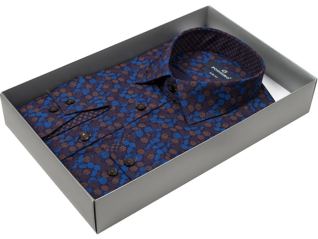 Темно-синяя приталенная мужская рубашка Poggino 8235-01 в цветочек