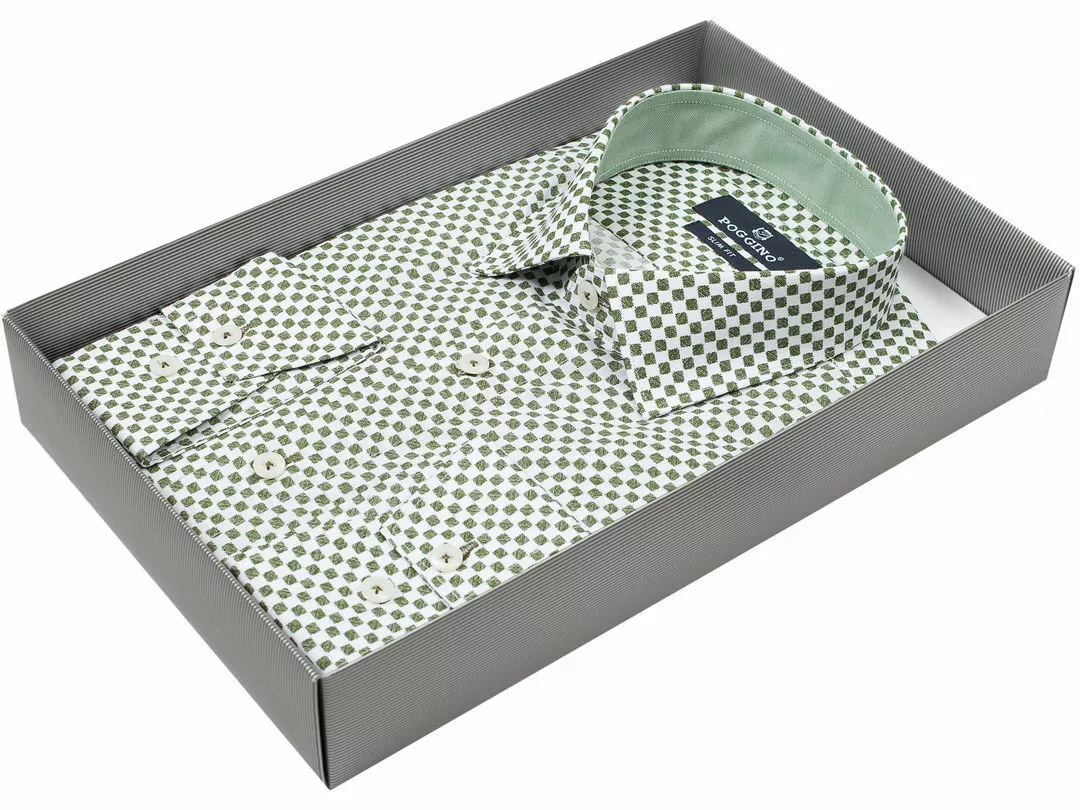 Зеленая приталенная мужская рубашка Poggino 8140-101 в квадратик