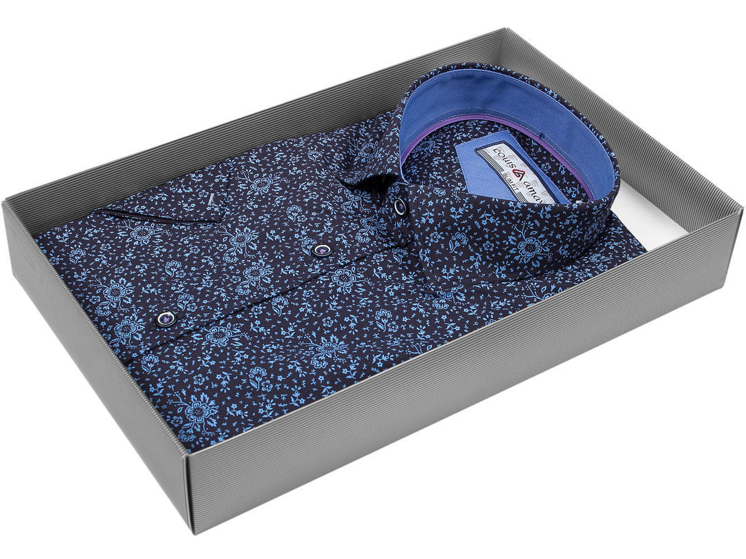 Темно-синяя приталенная мужская рубашка Louis Amava 2019-299 в цветочек с коротким рукавом купить в Москве недорого
