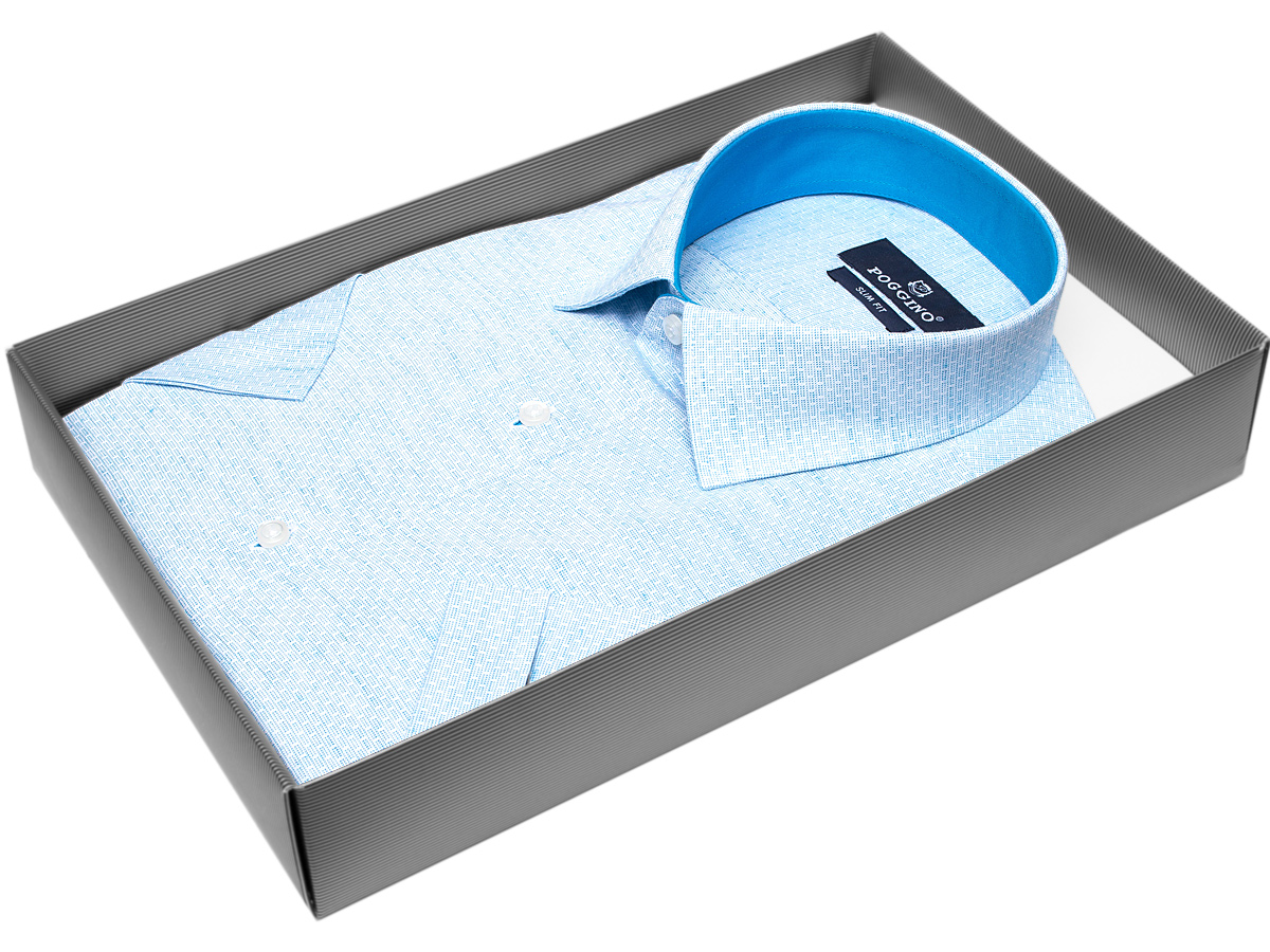 Бирюзовая приталенная мужская рубашка Poggino 7001-36 меланж с коротким рукавом купить в Москве недорого